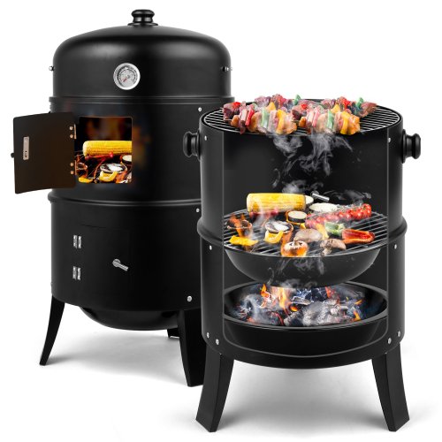 Winado - Charcoal Smoker BBQ Grill 3in1 Outdoor Vertical Smokers Portable Meat Cooker for Camping Picnic - Black-Front_Standard 