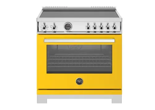 Front. Bertazzoni - 36" Professional Series range - Electric self clean oven - 5 induction zones - Yellow.