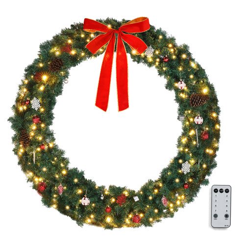Winado - 48in Christmas Wreath Pre-Lit Artificial with LED Lights, Bows, Ornaments for Indoor Outdoor Holiday Party Decorations - Green-Front_Standard 