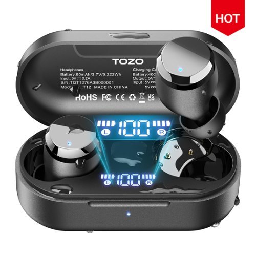TOZO - T12 Bluetooth Wireless Earbuds, 55H Play, Stereo Bass, IPX8, Wireless Charging, App-32EQ, ENC Mic, LED Display - Black-Front_Standard 