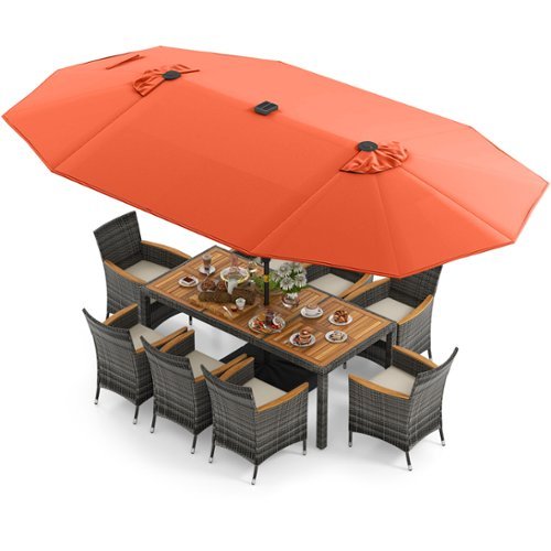 Costway - 11 PCS Patio Dining Set with 15 ft Double-Sided Patio Umbrella 8 Armchairs - Mix Gray,Beige,Orange-Front_Standard 