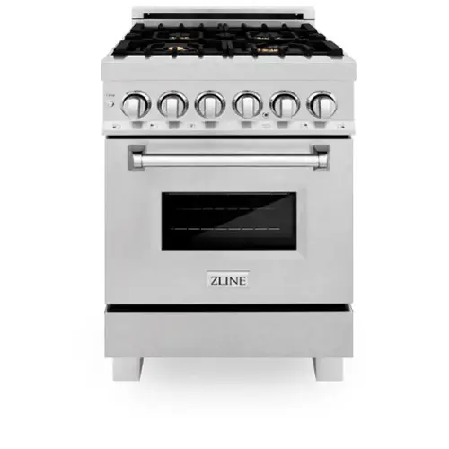 Front. ZLINE - ZLINE 24 in. Legacy Dual Fuel Range w/ 4 Brass Burners in Satin Stainless Steel (RAS-SN-BR-24) - Satin Stainless Steel.