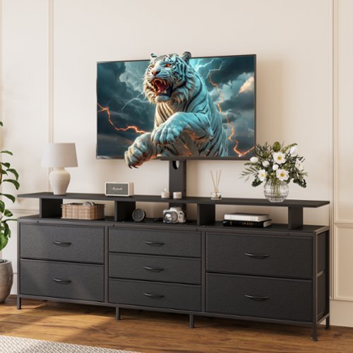 HAUSOURCE - 63" Entertainment Center Media Console Table with 7 Drawers Height Adjustable Mount Dresser TV Stand - Black-Front_Standard 