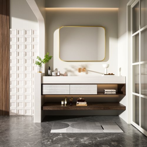 LOVMOR Tempered Glass Rounded Rectangle Framed Wall-Mounted Bathroom Vanity Mirror - 24 x 32 - Gold WORLDWIDE DELIVERY