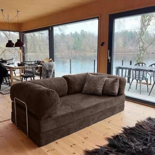 KERDOM - 62'' Wide Corduroy Sleeper Sofa Bed, Convertible Loveseat Sofa With Pull-out Bed, Foldable Spliced Block Lounge Couch - Coffee Brown-Front_Standard 