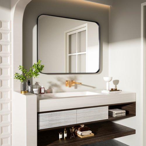 LOVMOR Tempered Glass Rounded Rectangle Framed Wall-Mounted Bathroom Vanity Mirror - 28 x 36 - Black HOW TO BUY