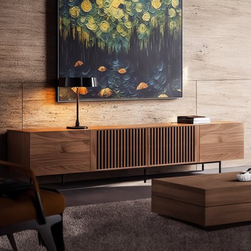 luck idea - Mid-Century Modern TV Stands 94.48" Consoles,up to100'' Media Centerw/ Cabinets & wood Doors&Metal Frame - Walnut Color-Front_Standard 