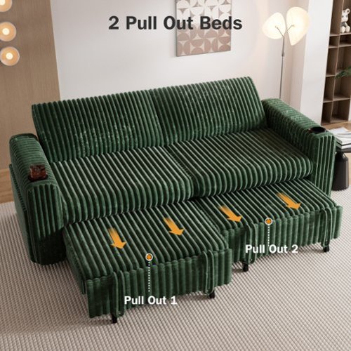 Dyonery - 91-in  Sectional Sofa Bed with Reclining Backrest/USB Ports/Cup Holders, Tool Free Assembly, Plush Corduroy - Green-Front_Standard 