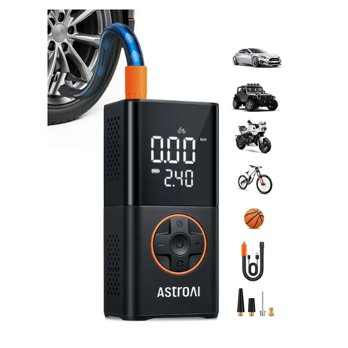 AstroAI - Tire Inflator portable cordless 150PSI air compressor with dual digital display and LED lights for cars bikes - Black-Front_Standard 
