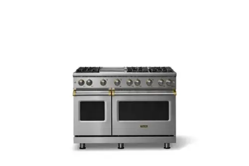 Front. Viking - 48"W. 6.1 Cu.Ft. Freestanding Manual Clean Sealed 8B Gas Convection Range/Grdl/Double Oven-Stainless Steel/Brushed Brass - Stainless Steel.