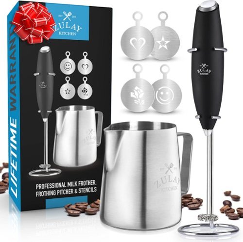 Zulay Kitchen - Premium Gift Milk Frother Complete Set - Handheld Foam Maker, Stencils & Frother Set - Black-Front_Standard 