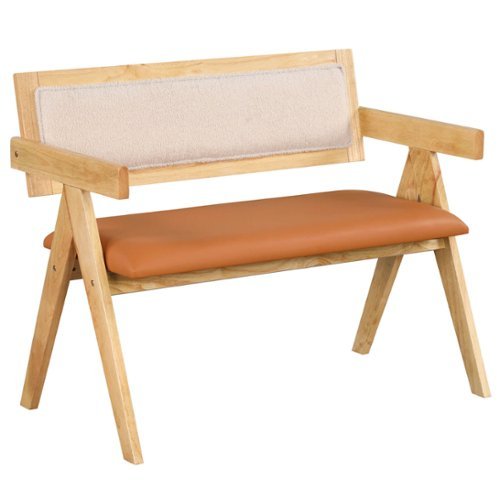 Costway Rubber Wood Dining Bench w/Armrest Sherpa Upholstered Backrest Soft-padded Seat - Natural + Beige + Orange