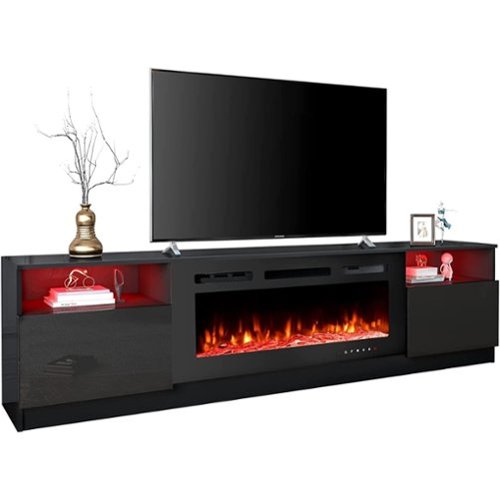 U-HOMY - 36'' Electric Fireplace TV Stand, Modern Entertainment Center with Storage & LED Lights for TVs up to 80'' - Black-Front_Standard 