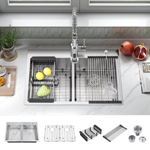 Akicon - 33 in. Drop-in Double Bowl 20-Gauge Nano-Coated Kitchen Sink with Grid, Strainer, Colander and Rollup Rack - Silver-Front_Standard 