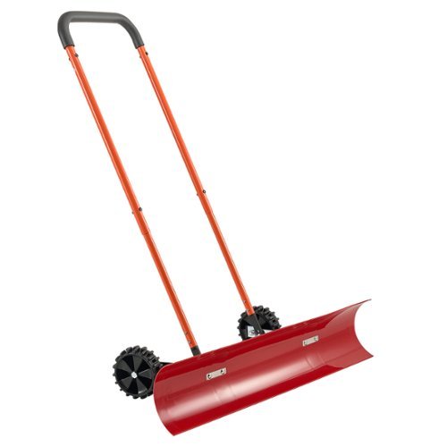 VEVOR - Snow Pusher Shovel with Wheels, 37.8 in Wheeled Snowplow Shovel with Bi-Directional Angled Blade & 90° Adjustable Handle - Red, orange, black-Front_Standard 