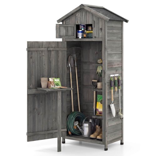 Costway - Wood Garden Storage Shed with Lockable Barn Door, Removable Shelves for Patio - Brown-Front_Standard 
