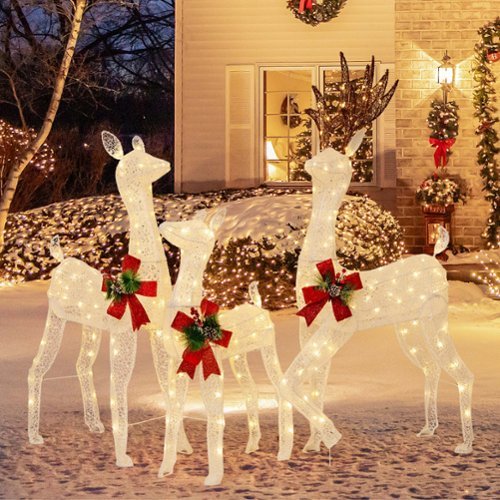 Costway 3 PCS Pre-lit Christmas Reindeer Family 3D Lighted Glitter Deer Decoration - White