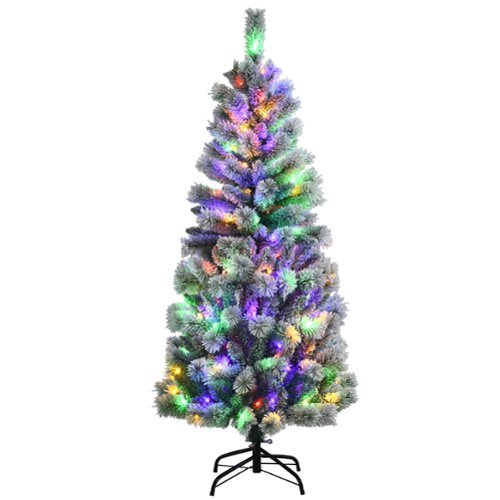 Costway - 5FT Pre-Lit Hinged Christmas Tree Snow Flocked w/9 Modes Remote Control Lights - Green/White
