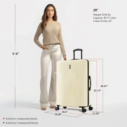 - **Size:** 28"
- **Weight:** 8.46 lbs
- **Capacity:** 90.77 Liters
- **Linear Inches:** 63"

**Interior Measurements:**
- **Height:** 27.17"
- **Width:** 19.29"
- **Depth:** 11.22"

**Exterior Measurements:**
- **Height:** 30.31"
- **Width:** 19.29"
- **Depth:** 18.5"

**Reference Height:** 5'-6"