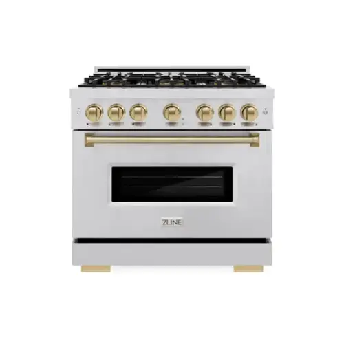 Front. ZLINE - Autograph 36 in. 5.2 cu. ft. Classic Freestanding DuoPro Gas Range with Convection Oven & Champagne Bronze Accents - Stainless Steel.