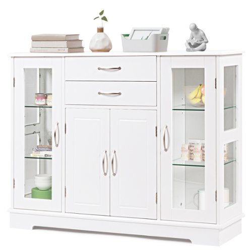 Costway - Buffet Storage Cabinet Console Cupboard W/Glass Door Drawers Kitchen Dining Room - White-Front_Standard 