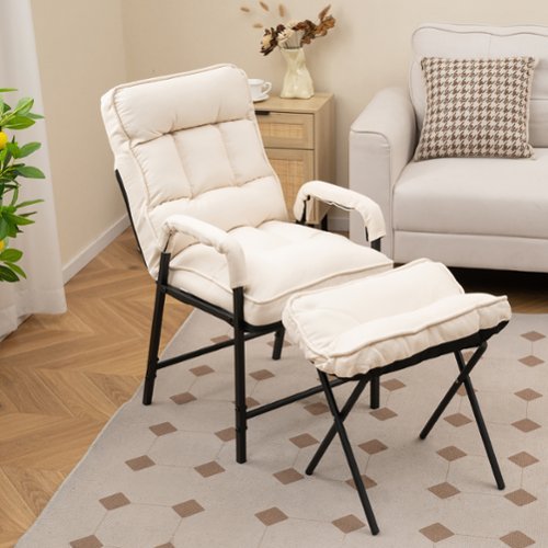 Gymax - Modern Accent Chair w/ Ottoman Linen Fabric Arm Chair w/ Adjustable Backrest - Beige-Front_Standard 
