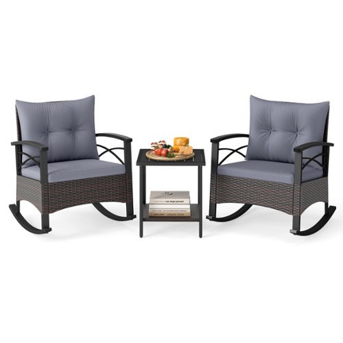 Costway - 3 PCS Patio Rocker Set with 2-Tier Coffee Table & Soft Seat Back Cushions Outdoor - Mix Brown + Grey-Front_Standard 