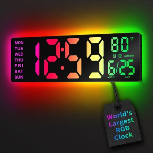 Easyera - 16.5" Digital Wall Clock with Remote Control, RGB Lights, Dual Alarms LED Display, Auto DST, Temperature, Power via plug - Black-Front_Standard 