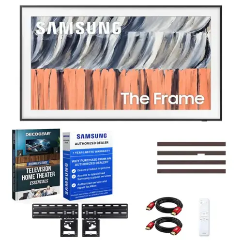 SAMSUNG  
The Frame  

DECOGEAR  
DECOGEAR SAMSUNG SAMSUNG AUTHORIZED DEALER AUTHORIZED 1 YEAR LIMITED WARRANTY FROM AN AUTHORIZED DEALER? WHY PURCHASE AN AUTHORIZED DEALER? TELEVISION Ensure product is genuine THEATER Access to specialized services HOME SAMSUNG Samsung support: ESSENTIALS service and Authorized facilities repair when you are NOT honored seller Product warranties an unauthorized purchase from E