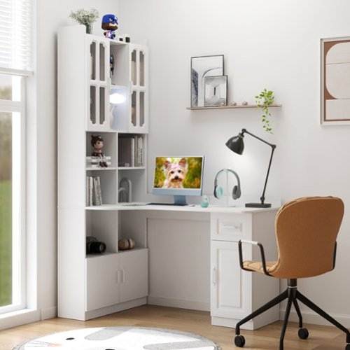 GOODSILO - L-Shaped Corner Computer Desk with Hutch, Drawers & Bookshelf - Modern Style Home Office Study Table - White-Front_Standard 