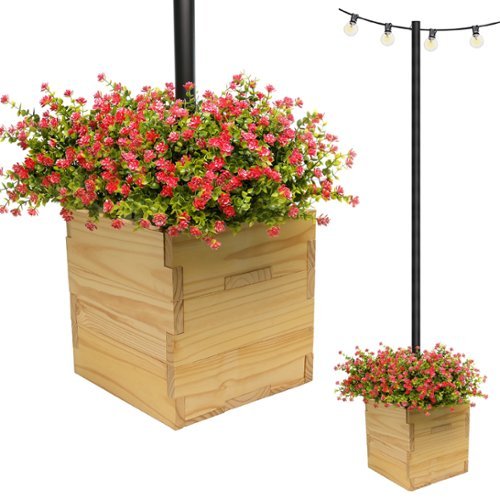 Excello Global Products Large 14x14x14 Wooden Planter Box and String Light Pole Set - Brown HOW TO BUY