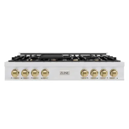 Front. ZLINE - ZLINE Autograph 48 in. Slide-In Classic Rangetop w/ 8 Burners in Satin Stainless Steel & Bronze Accents - Satin Stainless Steel.