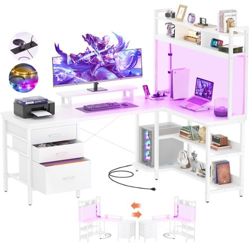 Aheaplus - L Shaped Desk with Hutch, 58.7'' Long Gaming Desk with 3 Fabric Drawers, LED Lights & Power Outlets, Reversible - White-Front_Standard 