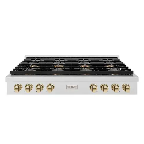 Front. ZLINE - ZLINE Autograph 48 in. Satin Steel Paramount Rangetop with 8 DuoPro Burners and Gold Accents (PSRTSZ-48-G) - Satin Stainless Steel.