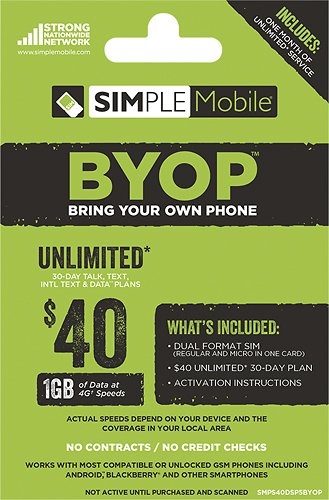  Simple Mobile - SIM Card plus $40 Prepaid Airtime Card - Green