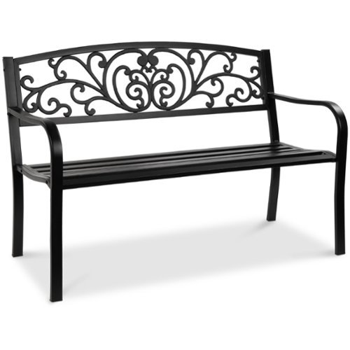 Best Choice Products - Outdoor Steel Bench Garden Patio Porch Furniture w/ Floral Design Backrest - Black-Front_Standard 