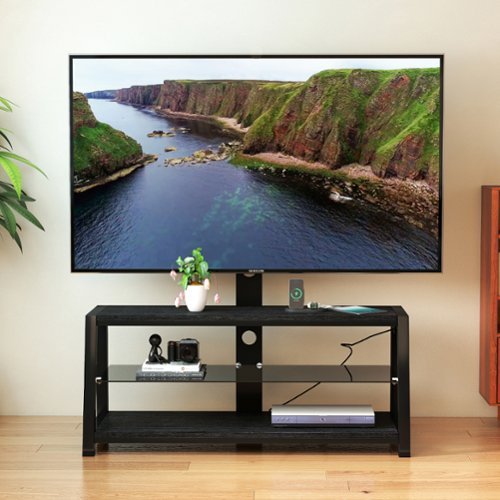 APRILSOUL - Wooden Storage TV Stand Tempered Glass Height Adjustable Universal Swivel Entertainment Center With Mount TV Stand - Black-Front_Standard 