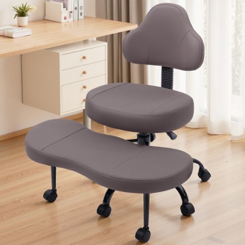 KERDOM - Ergonomic Cross-Legged Office Chair with Wheels, Meditation & Kneeling Chair for Adult, PU Leather Wide Seat 360° Swivel - Brown-Front_Standard 