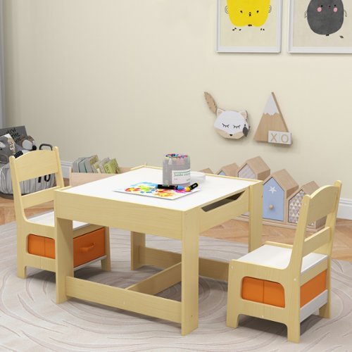 Gymax - Children Kids Table Chairs Set With Storage Boxes Blackboard Whiteboard Drawing - as pic-Front_Standard 
