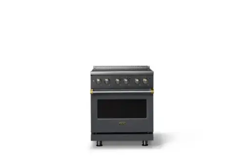 Front. Viking - 30 in. Wide 4 Elements Pro 5 Series 4.7 Cu.Ft. Freestanding Electric Convection Range - Cast Black w. Brushed Brass Trim - Cast Black.