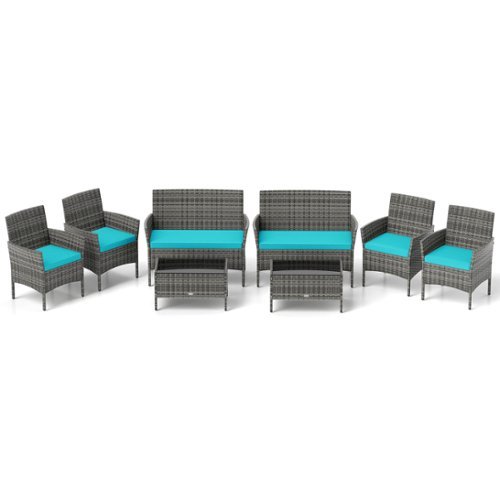 Costway - 8 PCS Patio Furniture Set with Washable Cushions and Tempered Glass Coffee Table - Turquoise,Mix Gray-Front_Standard 