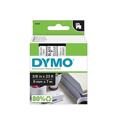 DYMO - D1 Standard 40910 Label Maker Tape, 3/8" x 23', (40910) - Black On Clear