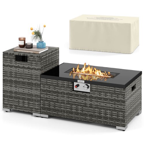 Costway - 2 PCS Outdoor Rattan Fire Table Set with Tank Cover Tempered Glass Tabletop - Gray-Front_Standard 