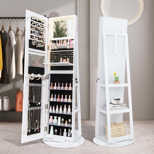 Costway 360° Swivel Jewelry Cabinet Organizer 3-Color LED Mirror with Built-in Lights - White