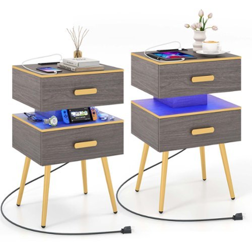 Costway 2 PCS Nightstand with Charging Station 2 USB Ports 2 Outlets LED lights Modern - Grey + Black