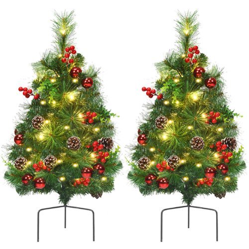 Costway - Set of 2 Pre-lit Christmas Trees 24in Battery Powered Pathway Outdoor Decoration - Green