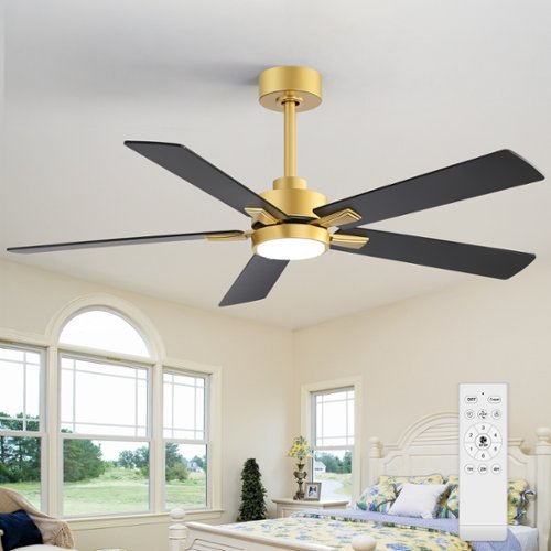 Breezary - 52" Modern Indoor Ceiling Fan with LED Light, 5 Reversible Plywood Blades, 6-Speed DC Motor, Remote, Timer, 5" Downrod - Gold and Matte Black-Front_Standard 