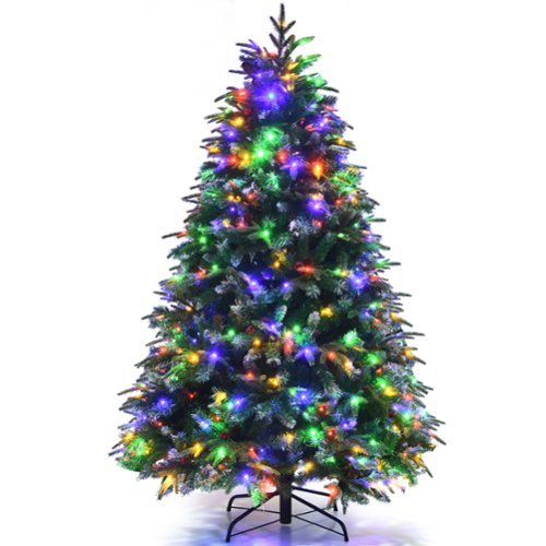 Costway - Pre-Lit Snowy Christmas Hinged Tree 11 Flash Modes w/ 250 Multi-Color Lights - Green/White
