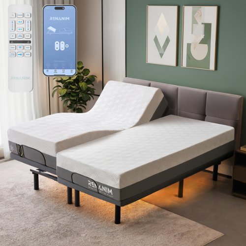 Renanim - SF Split King Adjustable Bed with 10" Cooling Gel Memory Foam Mattress, Massage, Zero Gravity Electric Bed - Gray-Front_Standard 