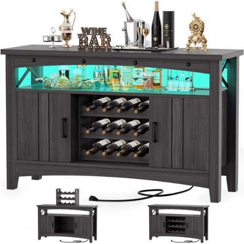 Aheaplus - Wine Cabinet with Charging Station and LED Lights, Liquor Cabinet with Movable Wooden Wine Rack - Gray Walnut-Front_Standard 